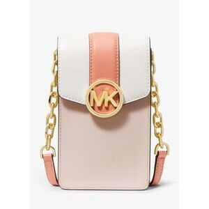 New Michael Kors Carmen Small Faux Leather Phone Crossbody Powder Blush Multi